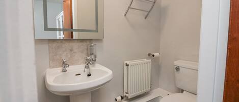 A bathroom with a white sink, a toilet, a towel rack, and a mirror.