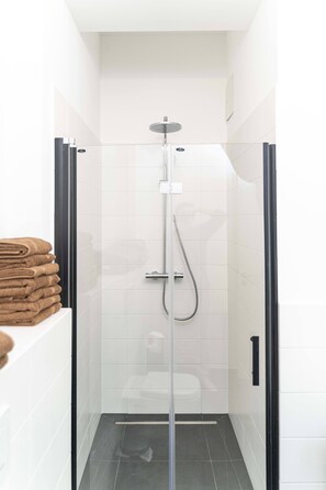 Shower, free toiletries, hair dryer, towels