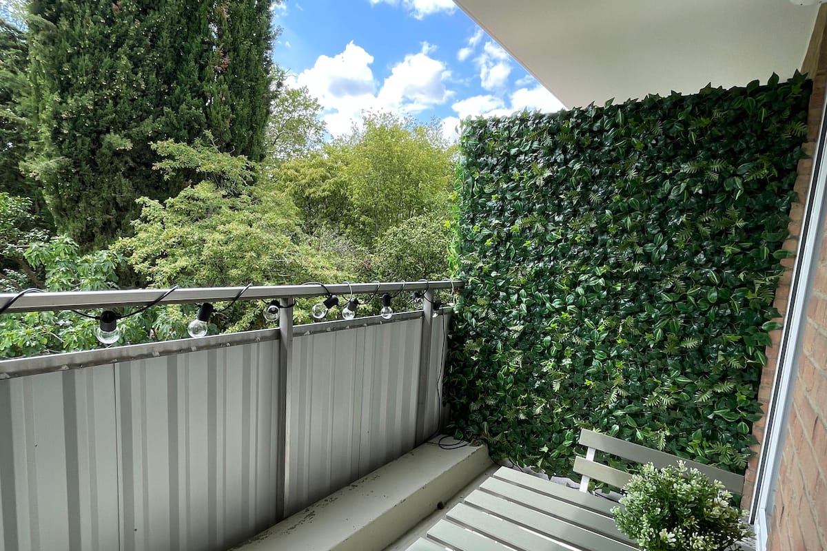 A balcony with a wooden bench, a potted plant, and a green wall.