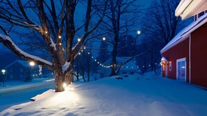 Paisaje nevado con un árbol iluminado por luces de adorno, un edificio rojo y una calle al fondo.