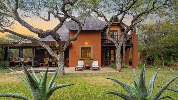 A house with a large tree in the foreground, a patio with chairs, and a pool area. - Braai Safaris Lodge (Hoedspruit)
