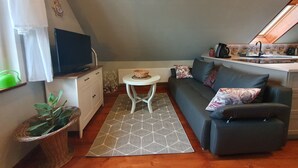 Un espace de vie compact comprenant un canapé, une petite table, un téléviseur et un coin cuisine avec un évier et des plantes en pot.
