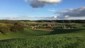 Ländliche Landschaft mit sanften Hügeln, verstreuten Häusern und blauem Himmel.