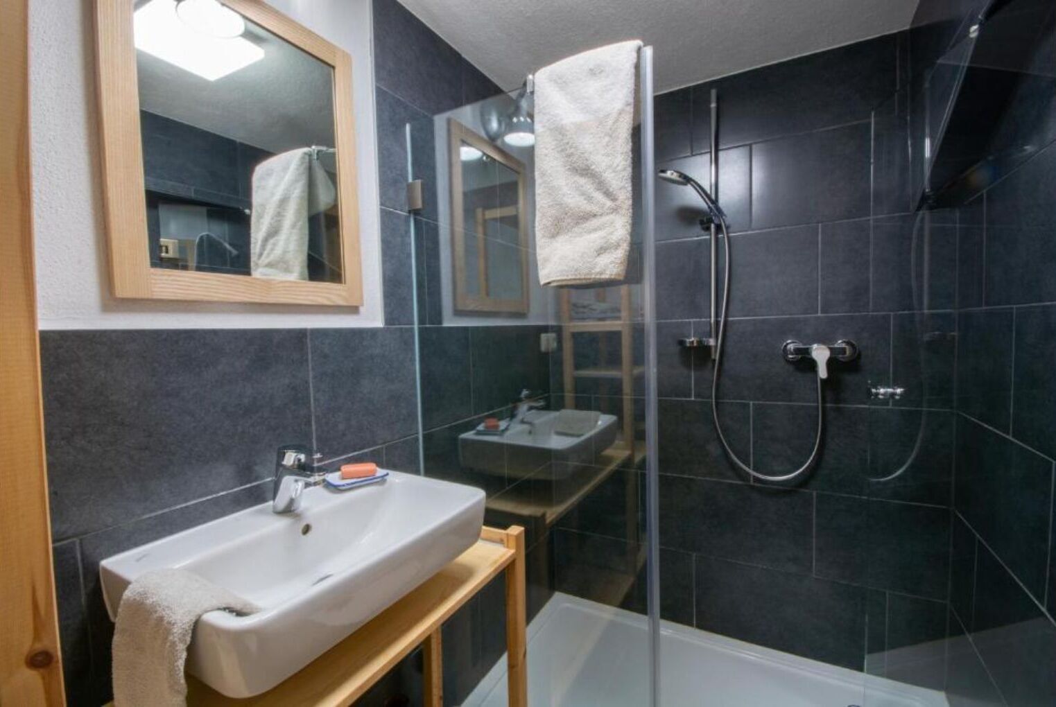 Une salle de bain moderne avec une douche à parois de verre, un lavabo blanc et un miroir au-dessus du lavabo.