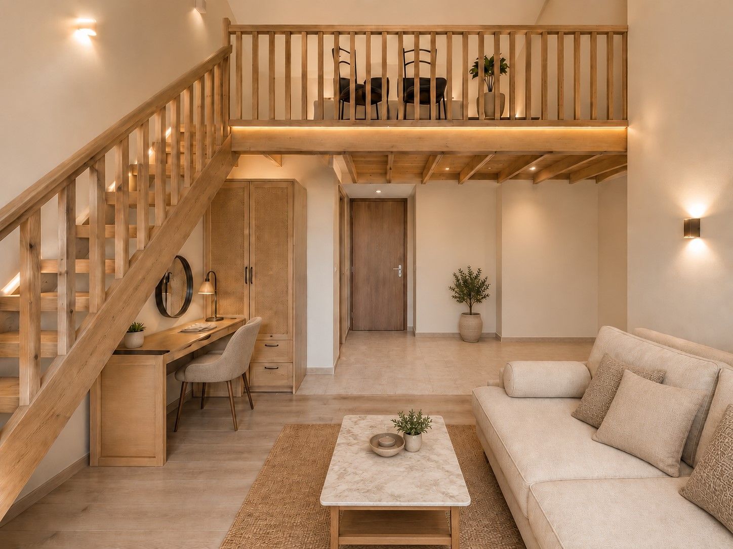 A modern interior with a wooden staircase, a desk with a chair, a sofa, and a coffee table.