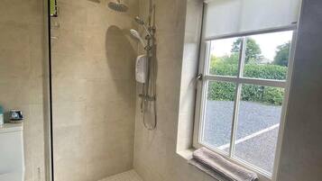 Shower, hair dryer, towels