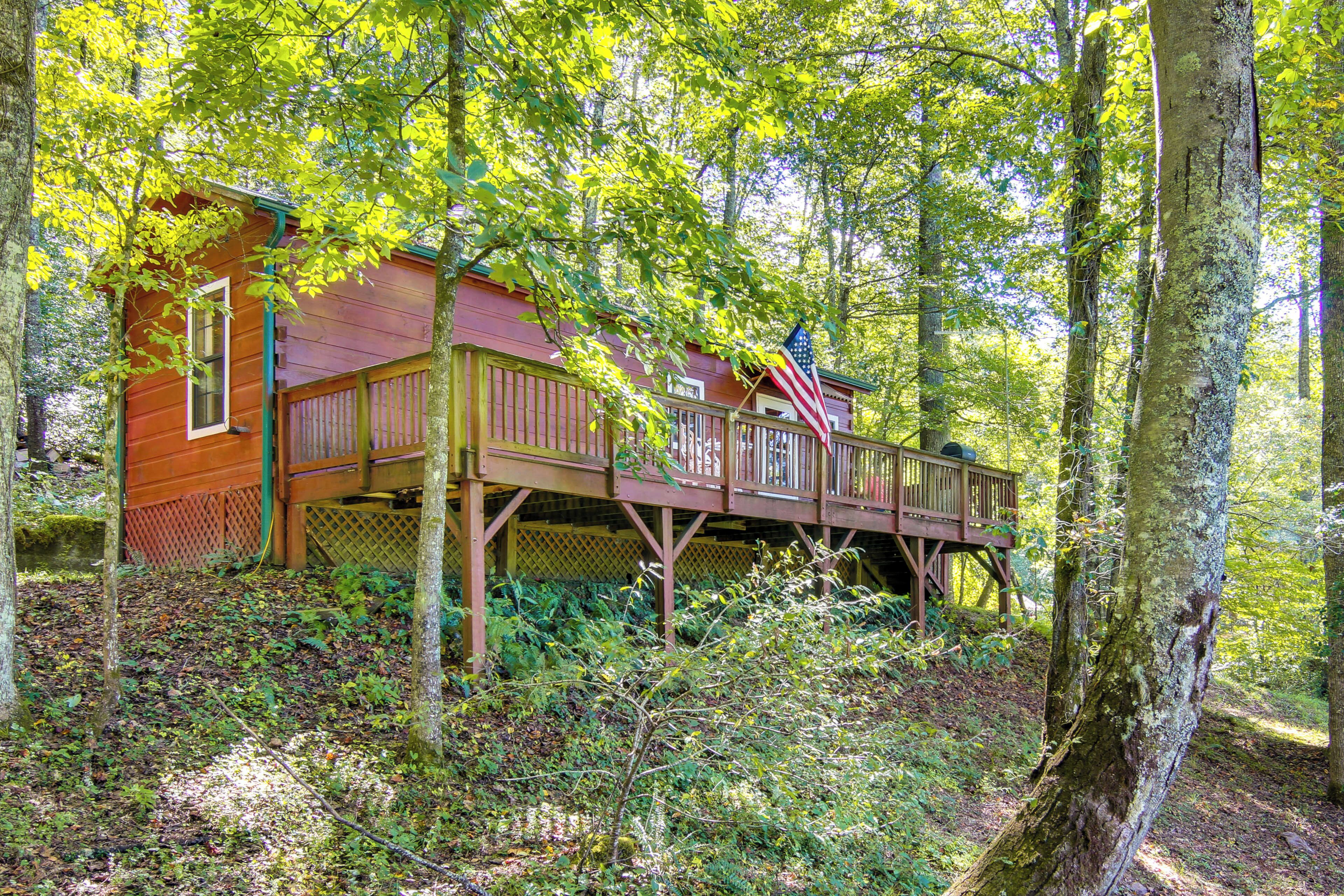 A cabin with a wooden deck and a small porch, surrounded by dense forest.