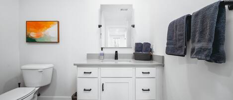 Shower, free toiletries, hair dryer, towels