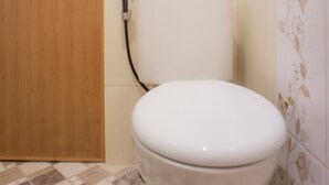 Une salle de bain avec des toilettes, une porte en bois et des murs carrelés.