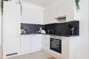 Fridge, oven, stovetop, espresso maker