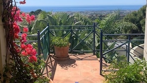 A balcony with a view of the sea, surrounded by greenery and a potted plant.