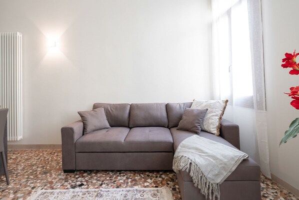 Un salon avec un canapé gris, un tapis à motifs et un radiateur.