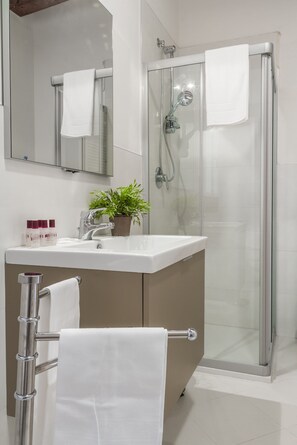 Dusche, Haartrockner, Handtücher, Seife