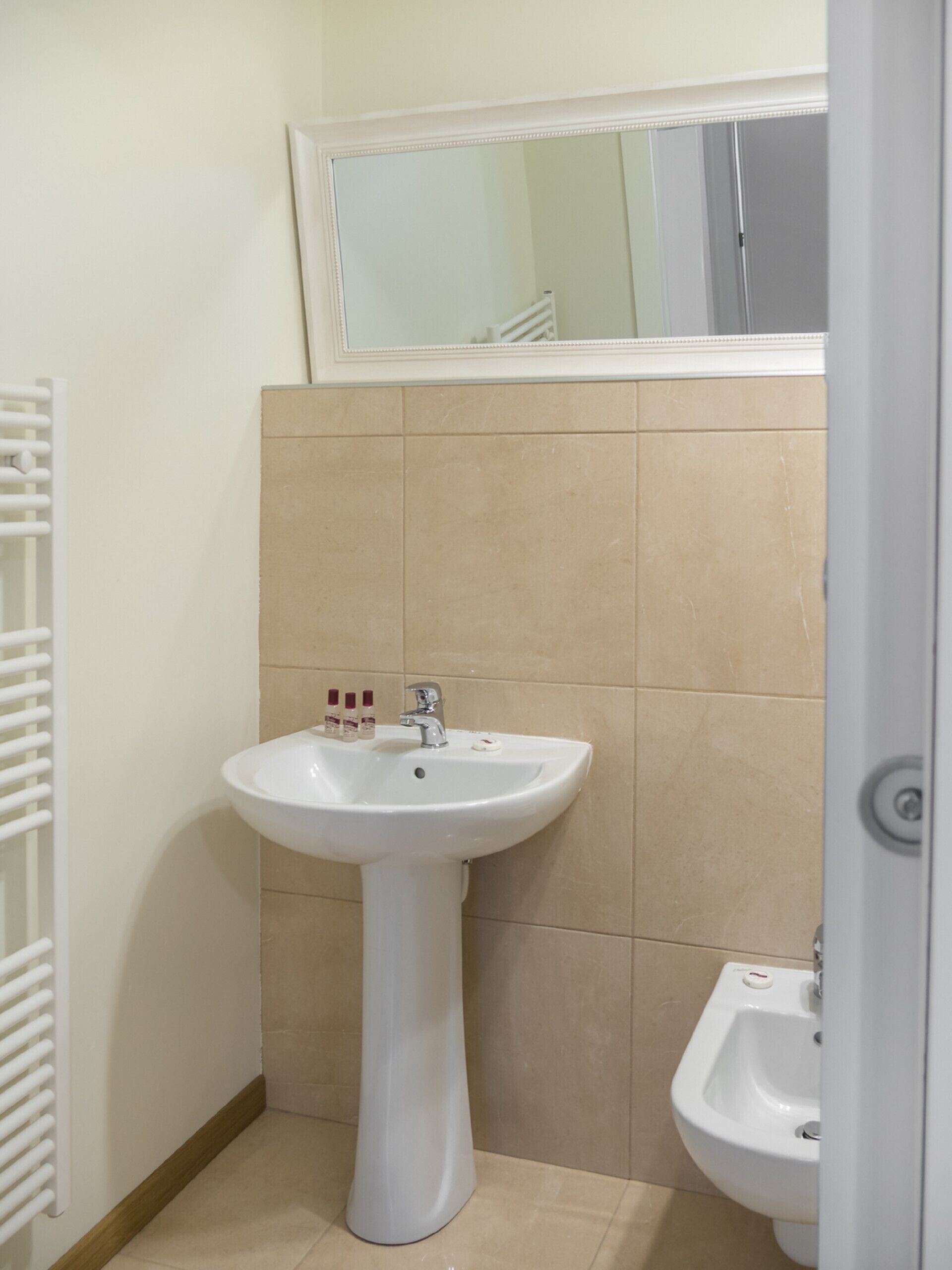 Et badeværelse med et konsolbordvask, et spejl over og en bidet til højre.