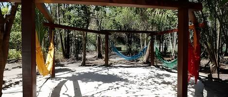 A hammock suspended between wooden posts in a forested area with a dirt path.