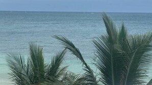 A view of the ocean with palm trees in the foreground. - Quiet Beach Front Condo with patio overlooking Infinity Pool & Ocean (Puerto Morelos)