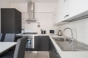 Fridge, microwave, oven, dishwasher