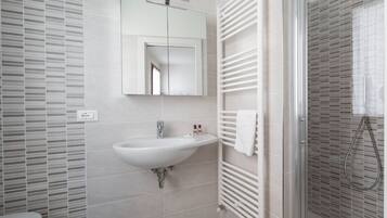 Shower, hair dryer, bidet, towels