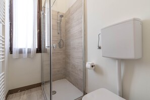 Shower, hair dryer, bidet, towels