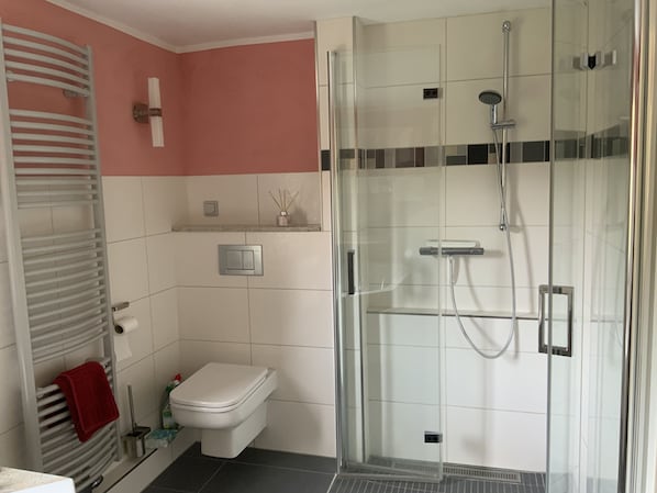 A modern bathroom with a glass-enclosed shower, a toilet, and a towel rack. - Komfortable Ferienwohnung in Stadtnaher Ruhiger Lage (Wernigerode)