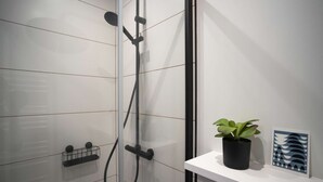 Een moderne badkamer met een glazen douchecabine, een zwarte handdoekhouder, een klein plankje met een potplant en een lijstwerk.