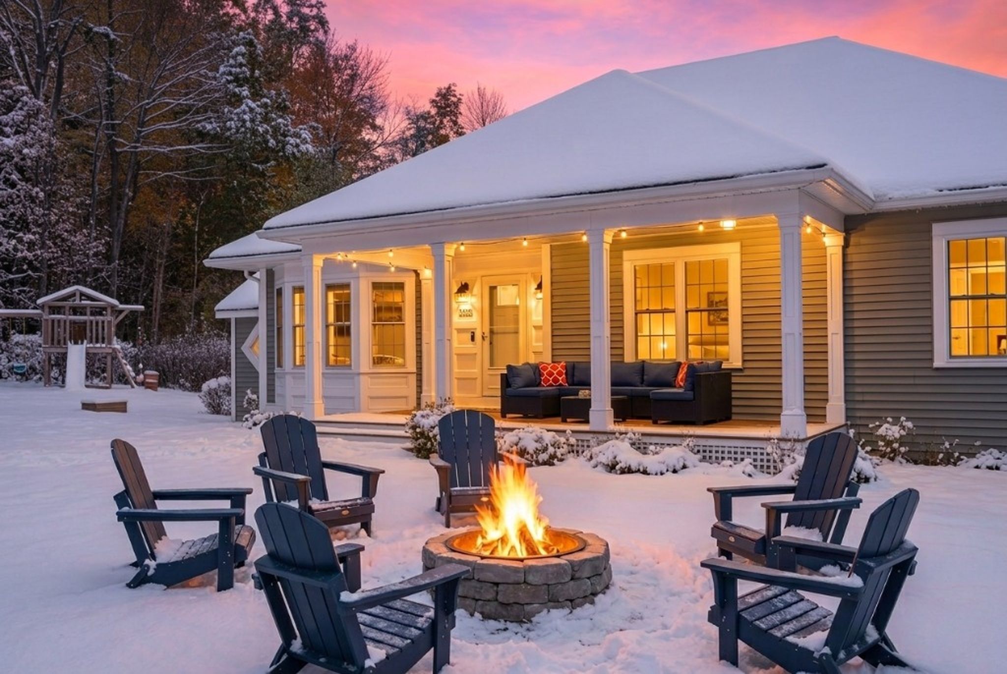 Una casa con porche cubierto, una chimenea y asientos al aire libre.
