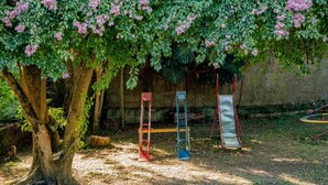 Un parque infantil con columpios y tobogán, rodeado de árboles y un muro de concreto.