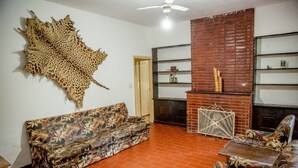 Un salón con sofá, un sillón estampado, chimenea y un gran trozo de piel de animal en la pared.