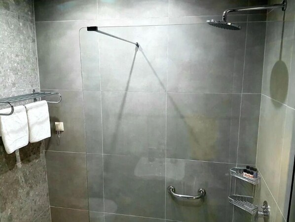 Hair dryer, towels, soap, shampoo