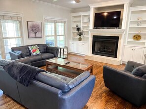 TV, fireplace, ping pong, books