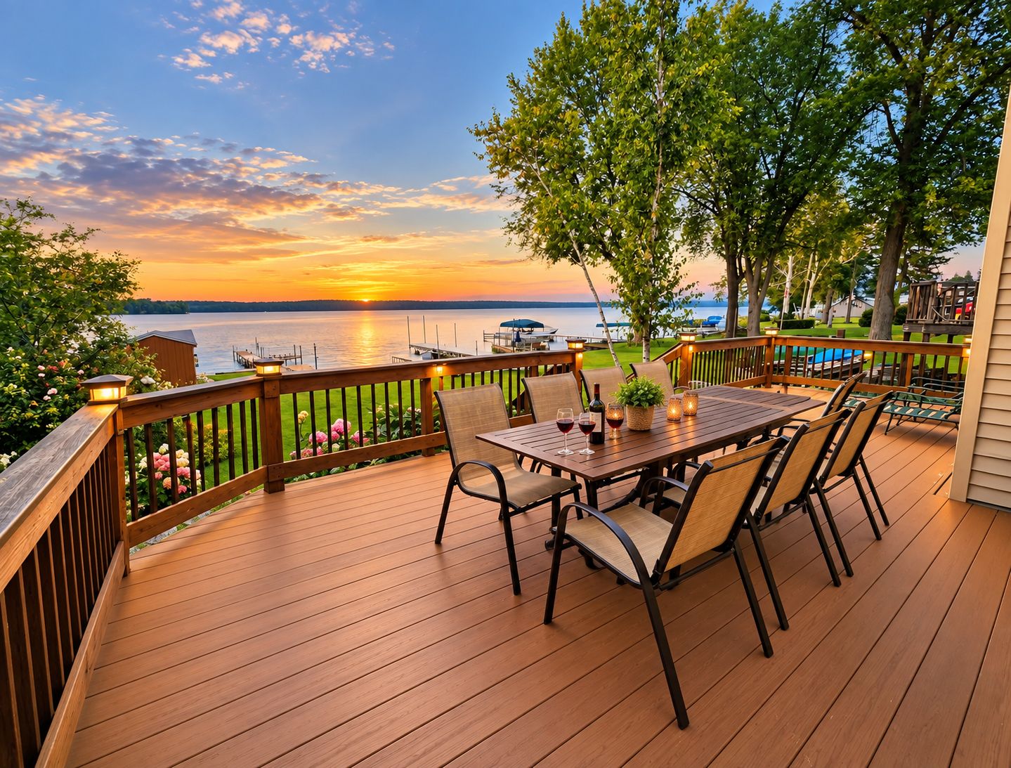 Eine Holzterrasse mit Tisch und Stühlen, mit Blick auf ein Gewässer bei Sonnenuntergang.