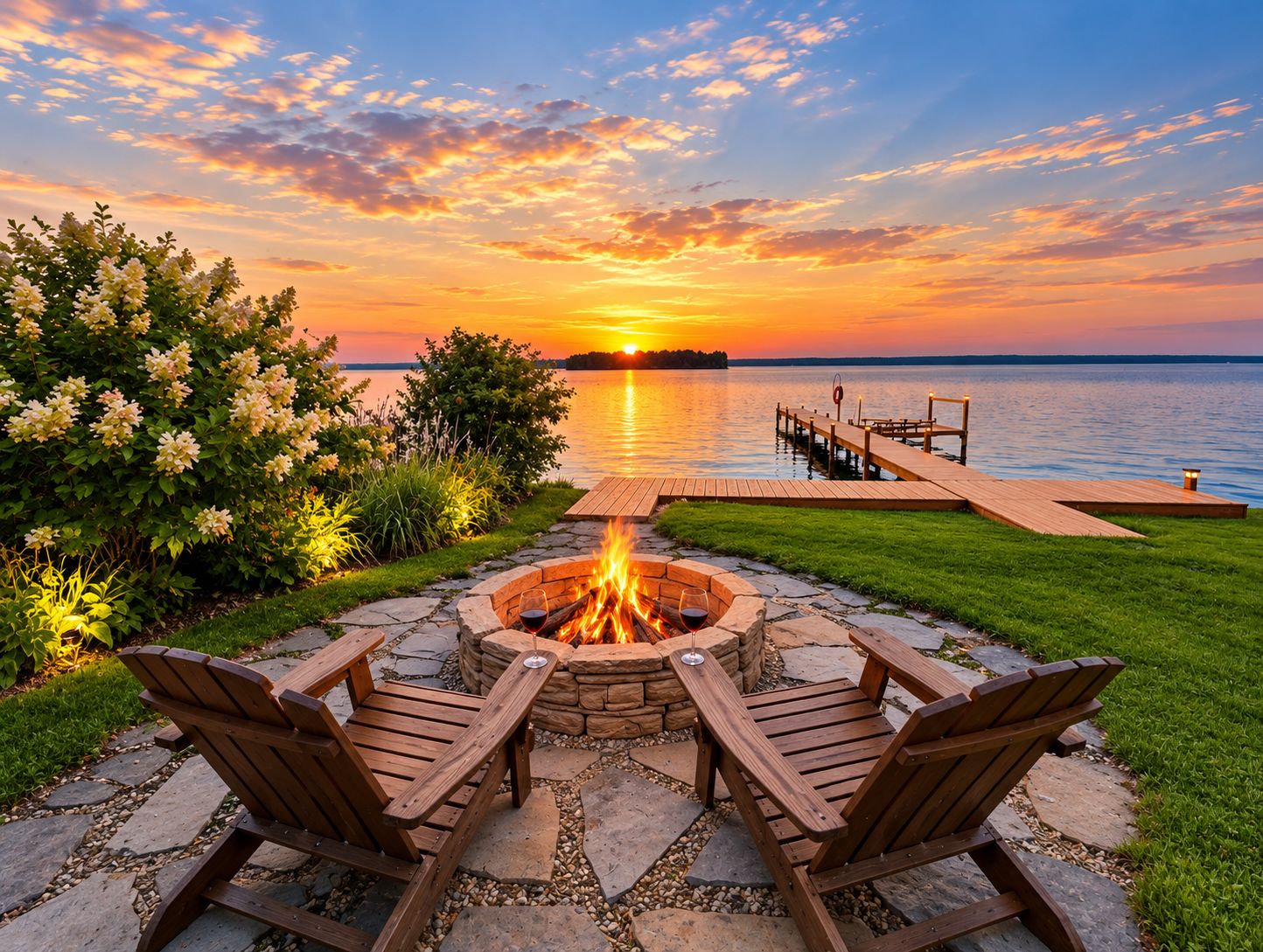 A fire pit with two wooden chairs, a stone fire pit, and a wooden dock extending into a lake at sunset.