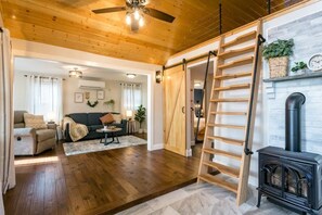 Smart TV, chimenea y libros 