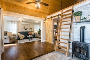 Smart TV, chimenea y libros