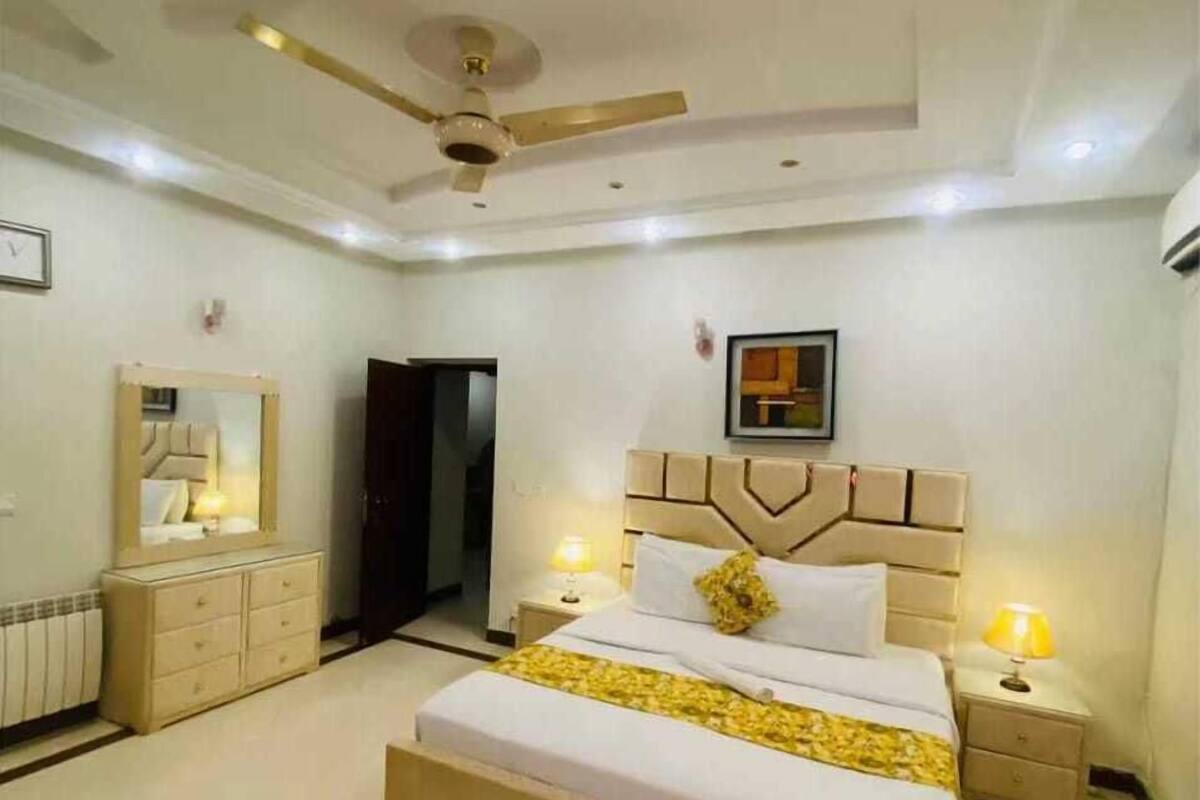 A bedroom with a large bed, a ceiling fan, and a nightstand with a lamp.