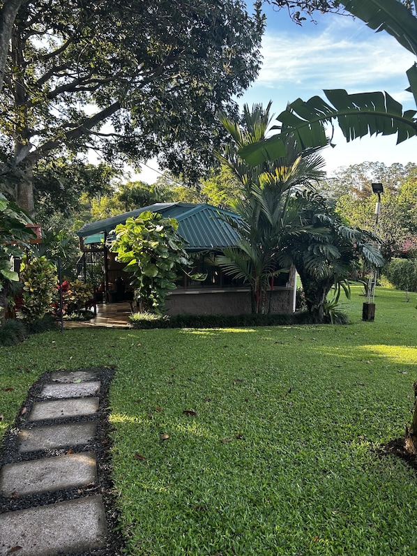 A lush garden with a pathway leading to a building with a green roof.