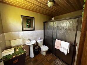 A bathroom with a sink, toilet, and shower. There is a framed picture on the wall and a towel hanging on the shower door.
