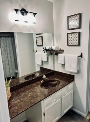 Secador de pelo, toallas, jabón y champú