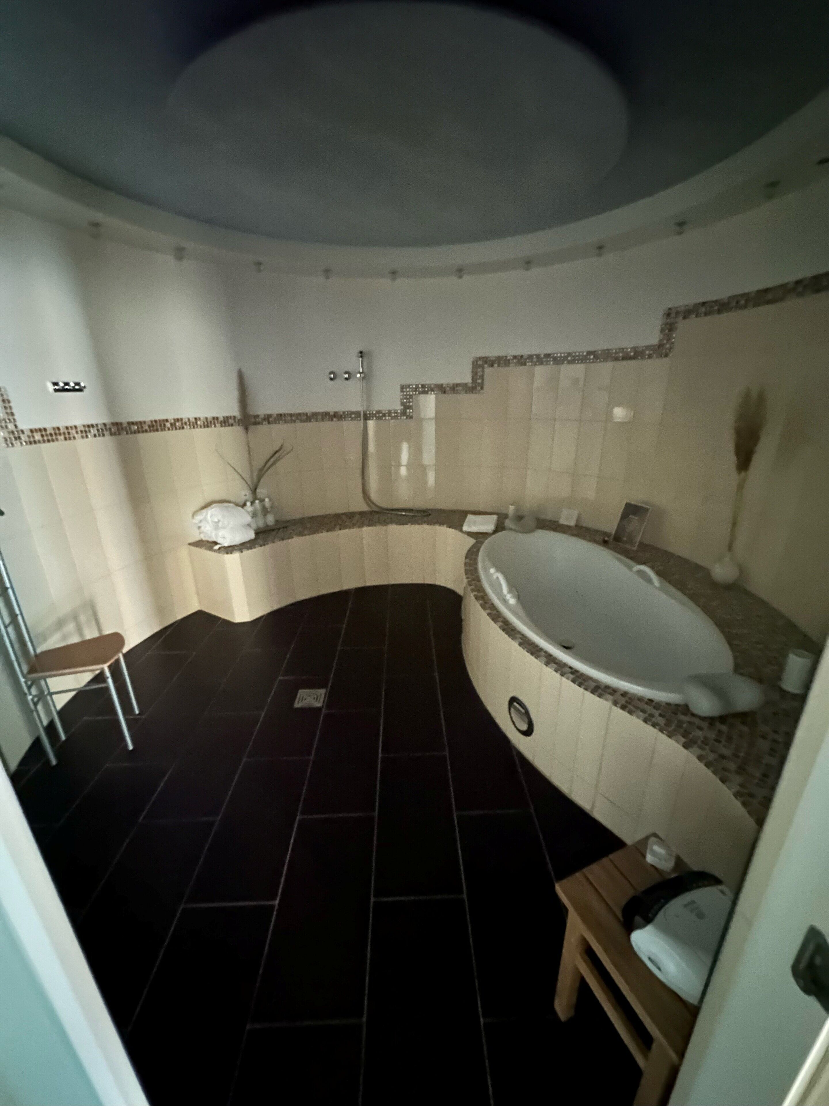 Een badkamer met een bad, een douche en een toilet.