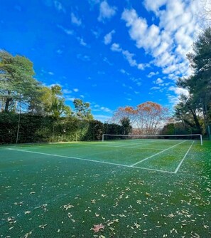 Tennis enthusiasts can enjoy a game on this well-maintained outdoor court surrounded by trees.
