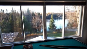 Une table de billard avec des billes et des queues, une fenêtre donnant sur un lac et des arbres.