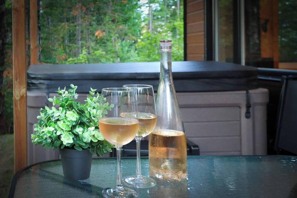 Uma mesa com uma garrafa, três copos de um líquido transparente, possivelmente vinho, e um pequeno vaso de planta.