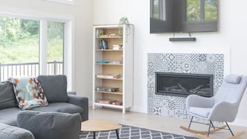TV, lareira, livros, aparelho de som
