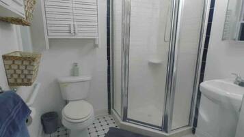 Hair dryer, towels, soap, shampoo