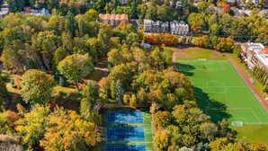 An aerial view of a residential area with a green sports field, surrounded by trees and houses. - Darth Vader's Death Star Suite (Seattle)