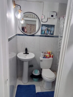 Ein kleines Badezimmer mit einem Waschbecken auf Säule, einer Toilette, einem Spiegel und einer Duschkabine.