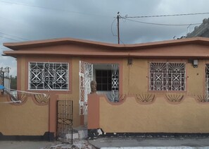 Stylish two-story residence with a flat roof and simple design, featuring a decorative metal grille entrance.