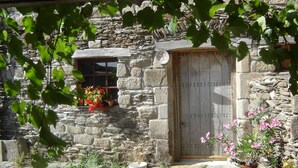 A stone building with a wooden door and window, surrounded by greenery and potted plants. - La Bergerie: Gîte Familial et Chaleureux Dans le Parc National des Cévennes (MALONS-ET-ELZE)