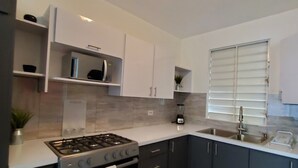 A modern kitchen with a gas stove, oven, and built-in sink. There are dark cabinets, white countertops, and a window with blinds. - Casa Bird Cage in Fajardo's Paradise, a rainforest like retreat! (fajardo)