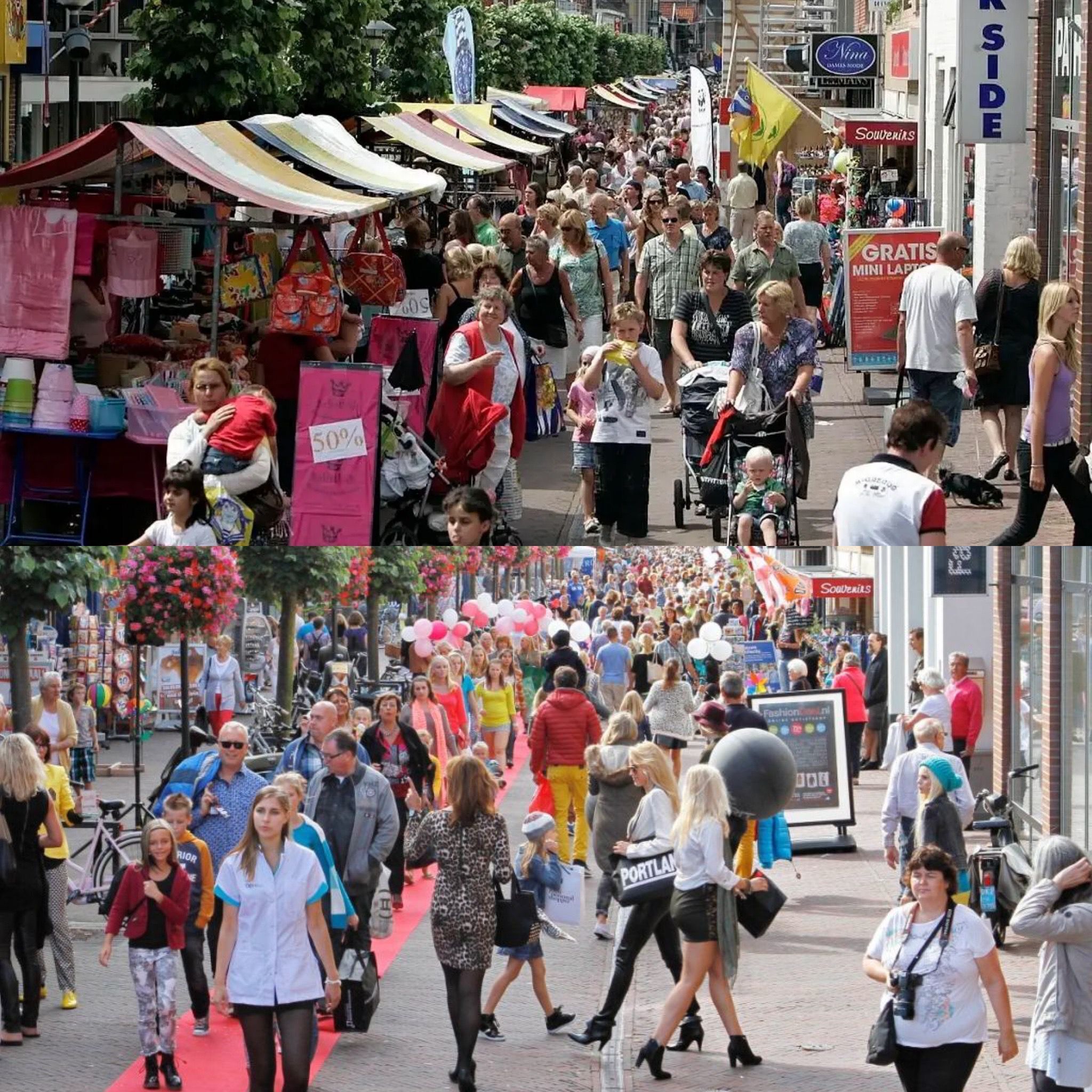 A crowded street with people walking, some carrying bags, and various stalls and shops lining the street.
